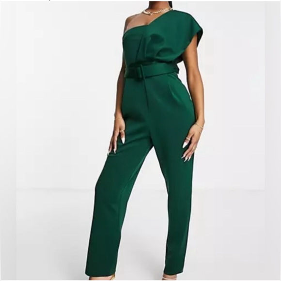 asos design one shoulder scuba belted jumpsuit - Picture 2 of 4
